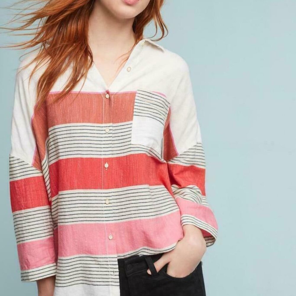 Holding Horses Anthro Monroe Striped Button Down Oversized Top Blouse Size XS/S